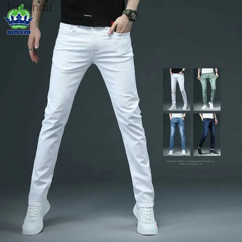 Jeans pour hommes OUSSYU Marque Vêtements Blanc Skinny Jeans Hommes Coton Bleu Slim Streetwear Classique Couleur Unie Denim Pantalon Mâle Nouveau 28-38L240119