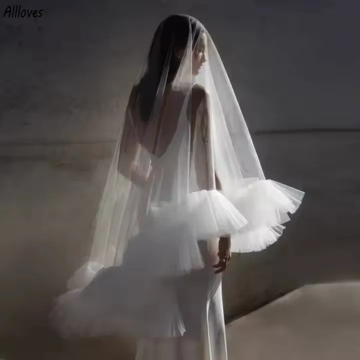 Véu de noiva romântico plissado em camadas simples branco marfim com pente casamento curto véu duplo acessórios de cabelo para noiva cl3228