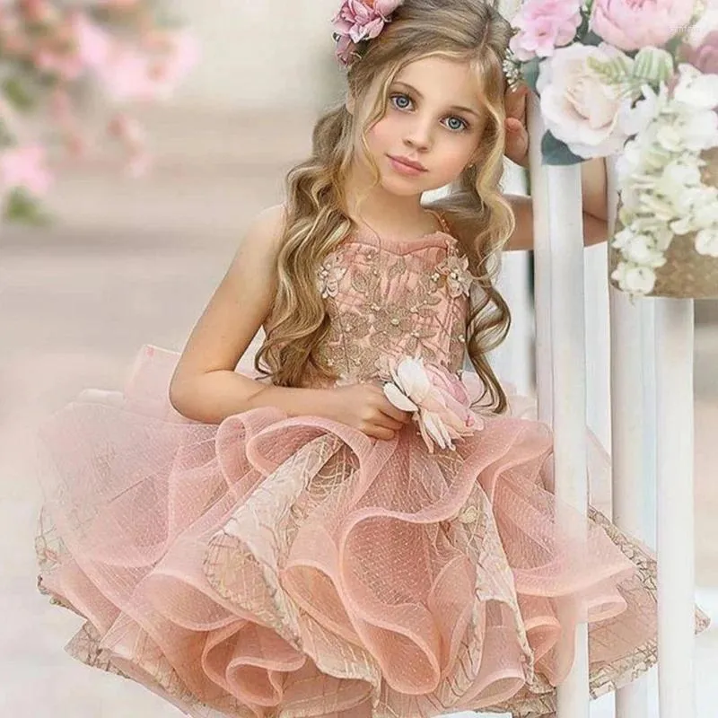 Girl Dresses Pink Flower Dress For Wedding Applique Sleeveless Puffy Layered Knee Length Princess Birthday Party First Communion Gowns