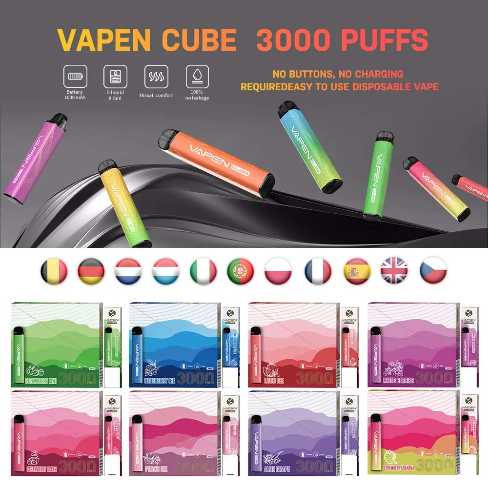 Nouveau Vapen Cube 3000 bouffée 3000 cigarettes électroniques jetables Vape Desechable Pods Kits de dispositifs 1000mah Batterie pré-remplie 8,5 ml Vaporisateur vapes