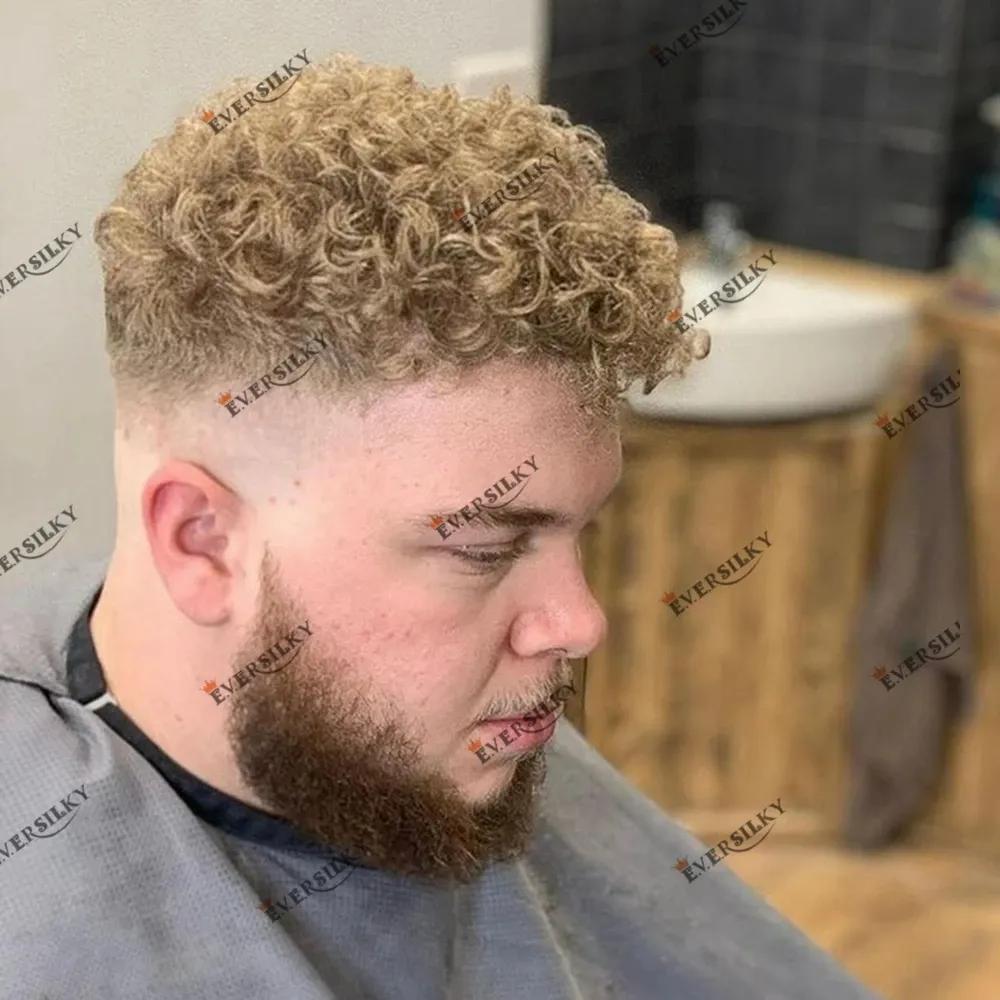 Trwałe Bond Base Curly Blond Ludzkie włosy męskie TOUPEE 15 mm afro kręcone oddychające mono top naturalne włosy włosów