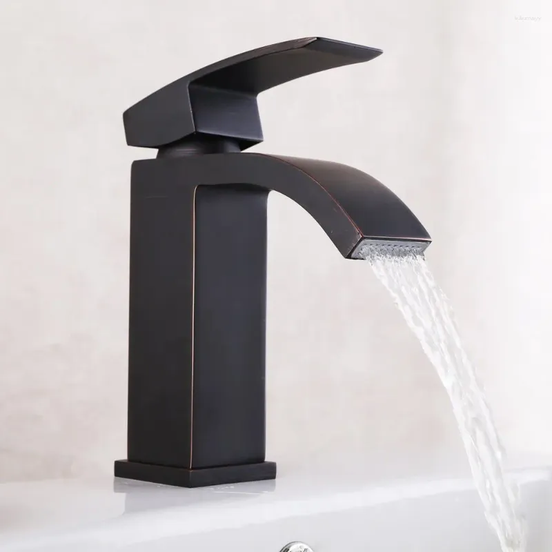 Bathroom Sink Faucets Oil Rubbed Bronze Brass Copper Waterfall Vanity Faucet Golden Basin Mixer Tap With Rectangular Spout For Lavatory