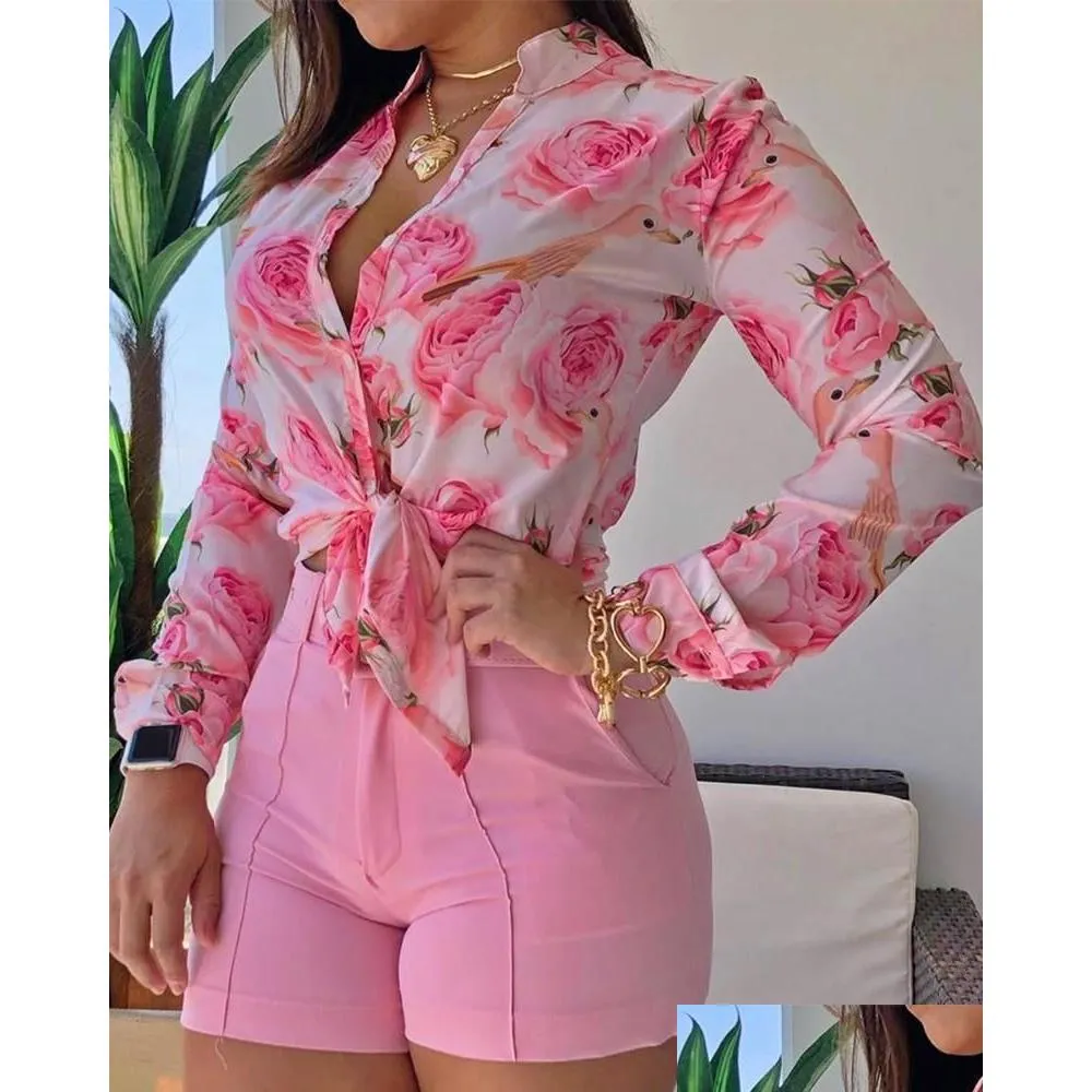 Women'S Plus Size Hoodies & Sweatshirts Women Blouses Pink Shirts Long Sleeve Floral Printed Tie Knot Top Pants Casual Spring Autumn Dhlyr