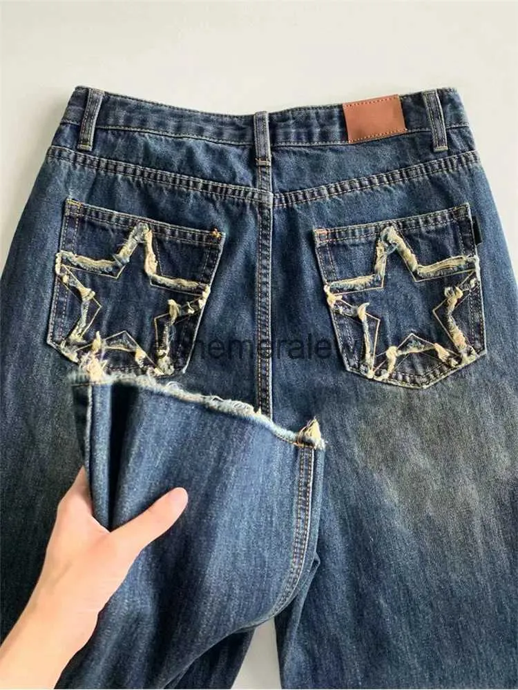 Women's Jeans Blue Wide Leg Jeans Star Pocket Vintage Straight Pants Womens And Men 2022 New High Waist Baggy Streetwear Casual Denim Trouserephemeralew