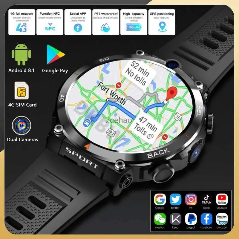 Умные часы 1,39-дюймовая двойная камера Смарт-часы Сеть 4G GPS Wi-Fi SIM-карта NFC 64G-ROM Google Play IP67 Android Мужчины Женщины Модные умные часы