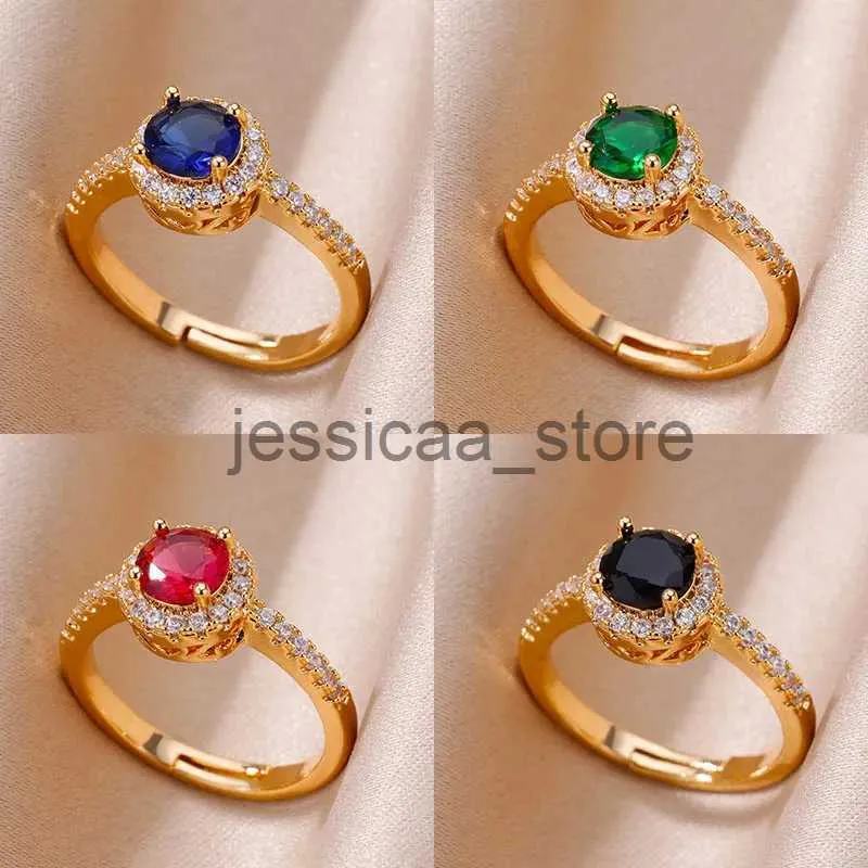 밴드 고리 Green Blue Zircon Round Rings for Women Gold Color Stainless Steel Rweddfemale 럭셔리 보석 파티 선물 Anillos Mujer J240119