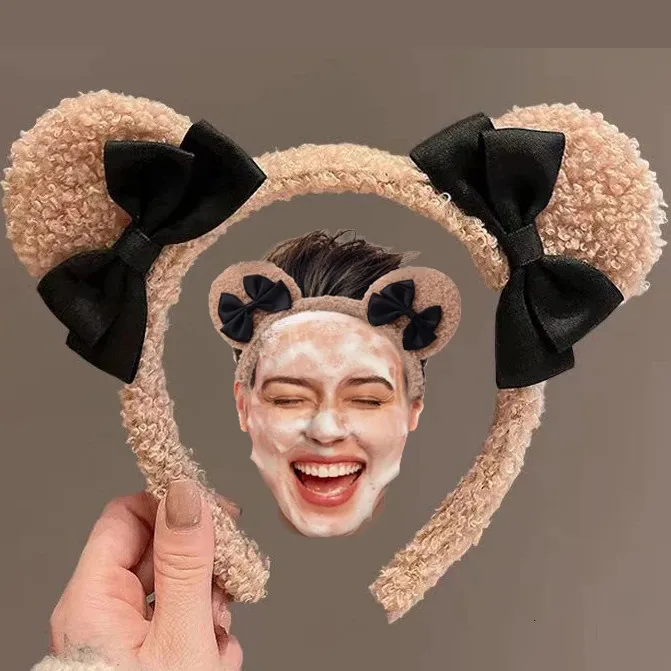 Fluffy Cute Bear Ears Bow Headband for Girls Spa Face cleaning Hairband Hair Hoops Plush Hairbands for Women Hair Accessories 240119