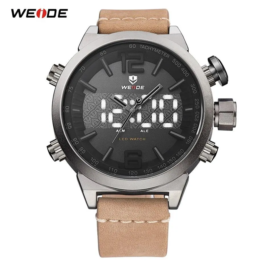 Weide Men's Analog LEDデジタルディスプレイQuartzムーブメントレザーストラップクロック数字腕時計