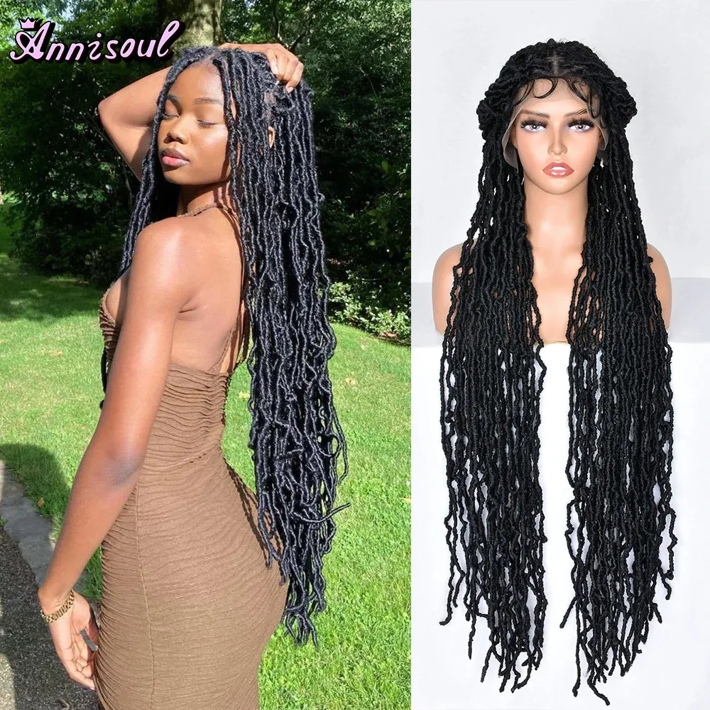 Peruca trançada de renda completa sintética locs crochê natural trançado cabelo artificial peruca trança 40 Polegada longo encaracolado peruca da mulher preta 240119