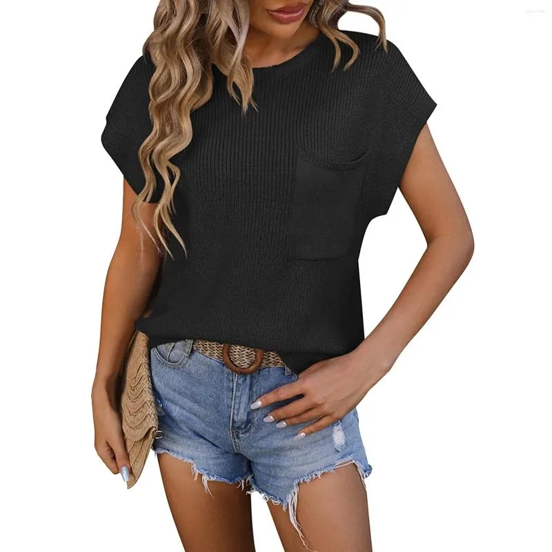 Women's T Shirts Fashion Round Neck Sweater Knit Chunky Needle Casual Pocket Solid Top Colour Official Store Clothes For Women
