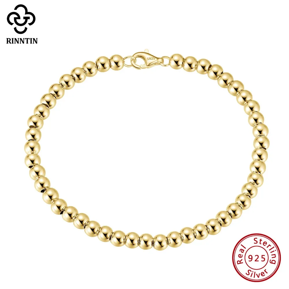 Rinntin 14K Ouro 925 Prata Esterlina 4mm Bead Ball Strand Chain Pulseira para Mulheres Na Moda Pulseiras Artesanais Jóias SB103 240118