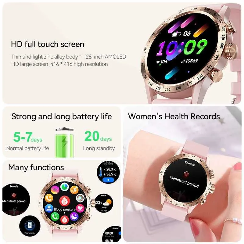 Smart Watches Lige 1,28 tum AMOLED SCREEN SMART Watch for Women Wireless Call Connect Phone Health Monitor Waterproof Sport Ladies Smartwatchl2401