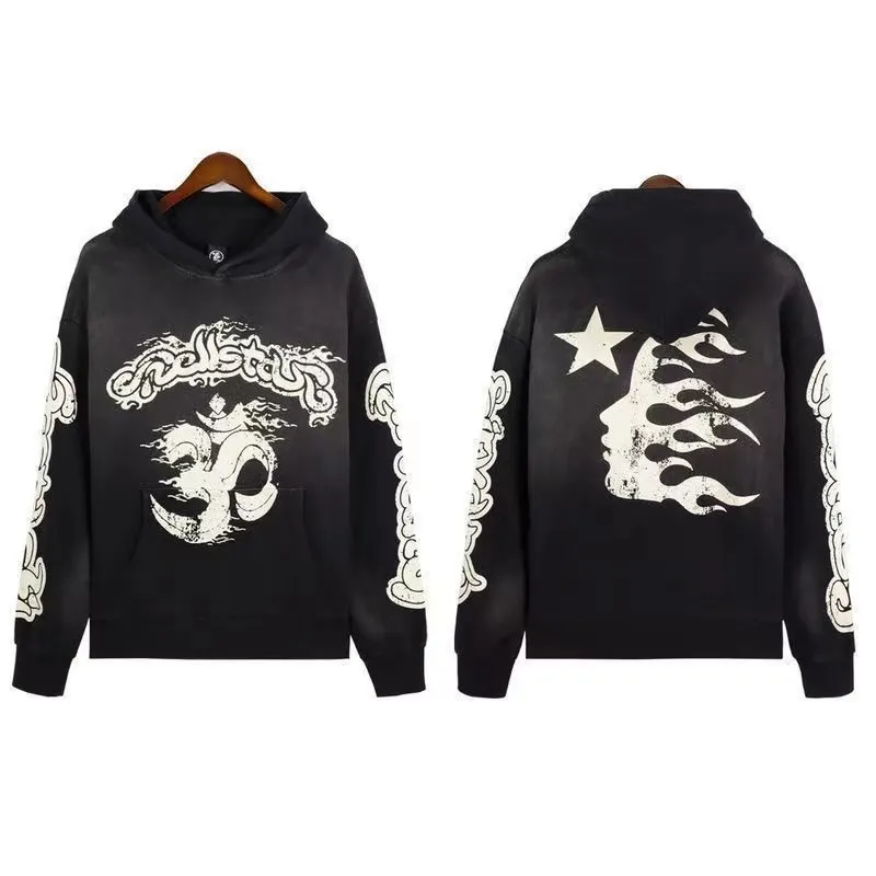 Projektant Hellstar Hovie's Hell Star Hovie Vintage w trudnej sytuacji Flame Graffiti Drukuj luźna bluza z kapturem High Street Fashion para Pullover C6