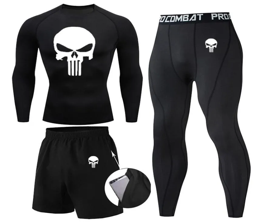 Compression MMA Rashguard Hommes Jiu Jitsu t-shirt Pantalon Muay Thai Shorts Rash Guard Skull Gym Hommes Bjj Boxe 3pcs Ensembles vêtements 224042173