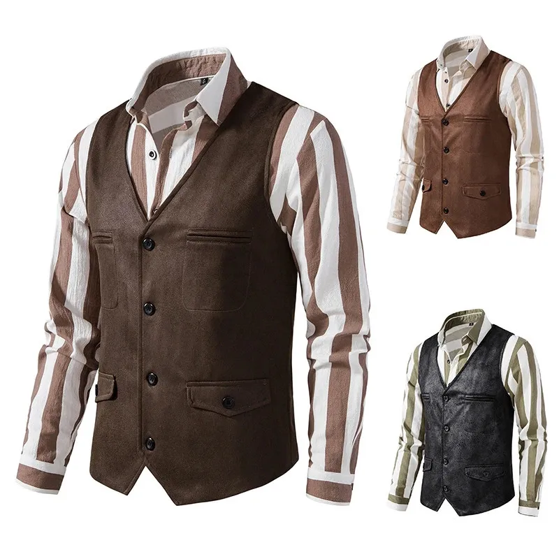 Euroamerican Vneck Suede Single Breasted Coat Vest Gilet Men Suits for Wedding Mens Denim Full Suit Steampunk 240119