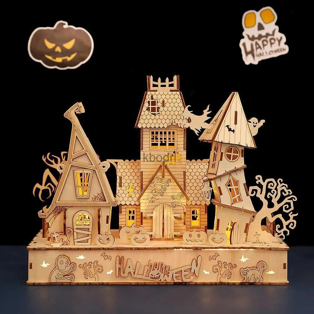 Outils d'artisanat 3D en bois Halloween maison hantée Puzzles bois créatif lumière Puzzle assemblage bricolage artisanat modèle de construction Kit jouets pour adultes enfants YQ240119
