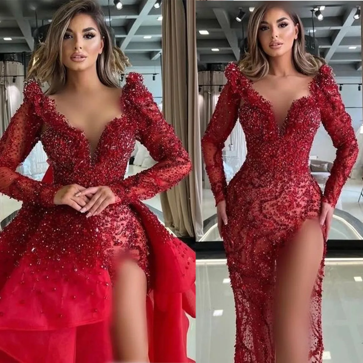 Çekici Denizkızı Gelinlikler V Yastık Uzun Kollu Aplikler Boncuklar Yan Bölünmüş Ekstra Elbise Özel Özel Yapımı Artı Boyut Gelin Gown Vestidos De Novia