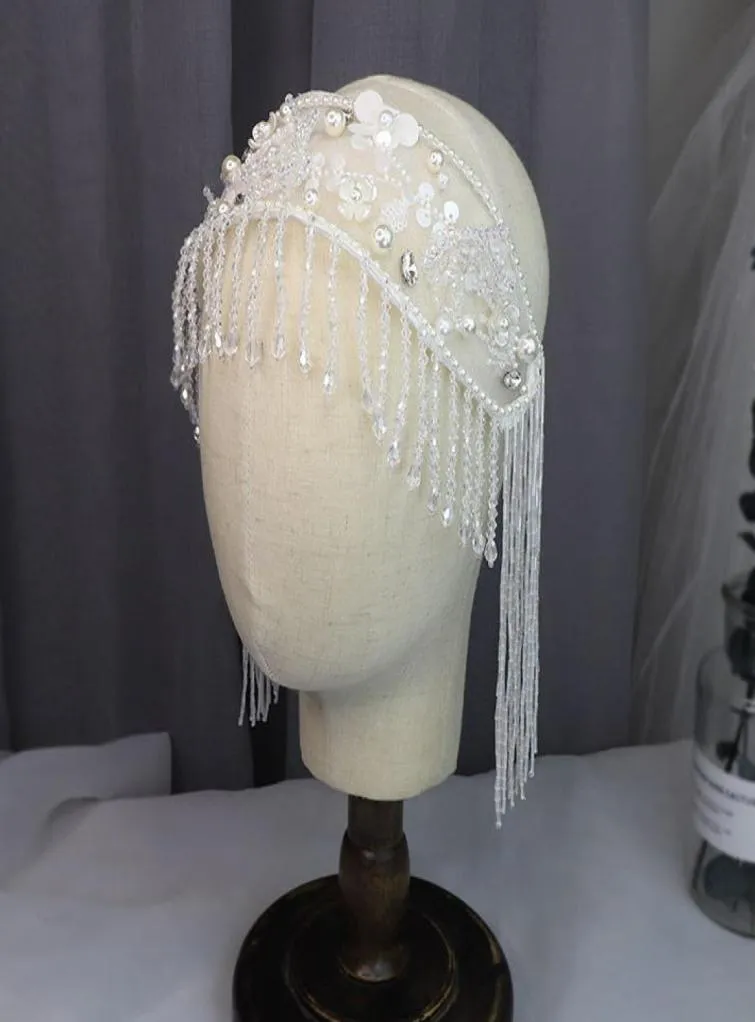 Новая свадебная повязка на голову с кисточками и кристаллами, белые аксессуары для волос ручной работы с блестками и бисером, дешевые акции 6742410