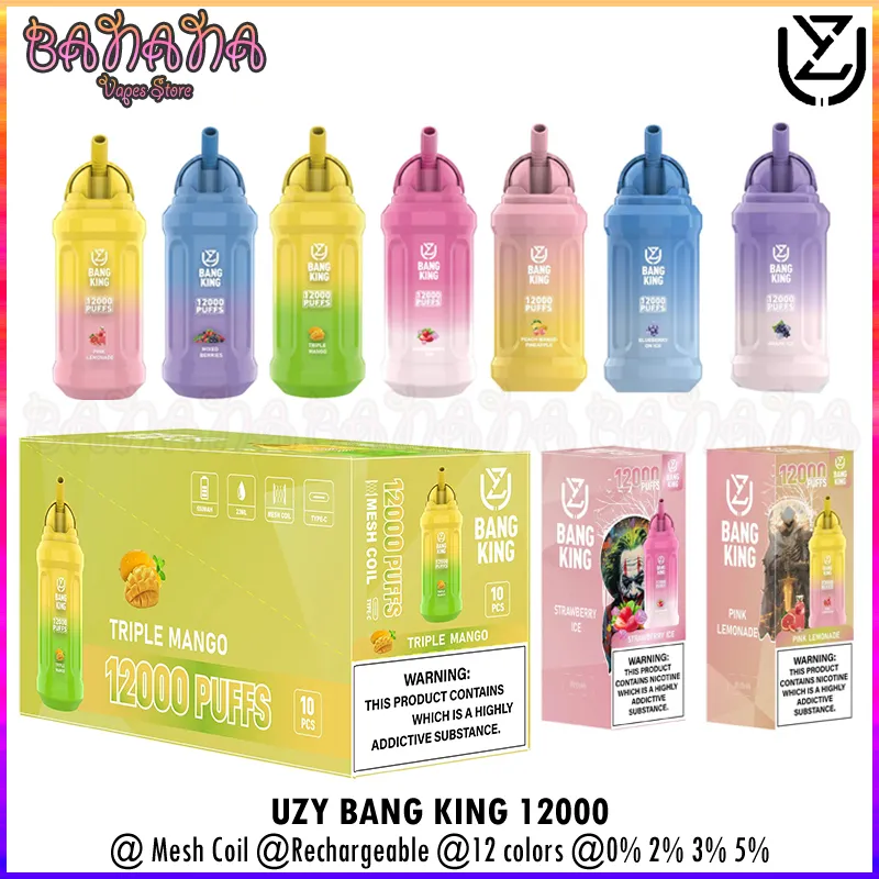 Uzy Bang King Puff 12000 e 담배 12 색 12k 퍼프 메쉬 코일 일회용 vape vape vape vape 650mah 충전식 배터리 23ml 사전 채워진 포드 카트 수두 증기 기화기