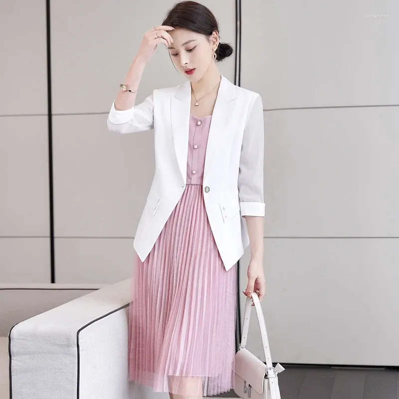 Work Dresses Pink Mesh Dress Women's 2024 Spring And Summer Net Red Fashion Temperament Suit Bottomed Chiffon Skirt