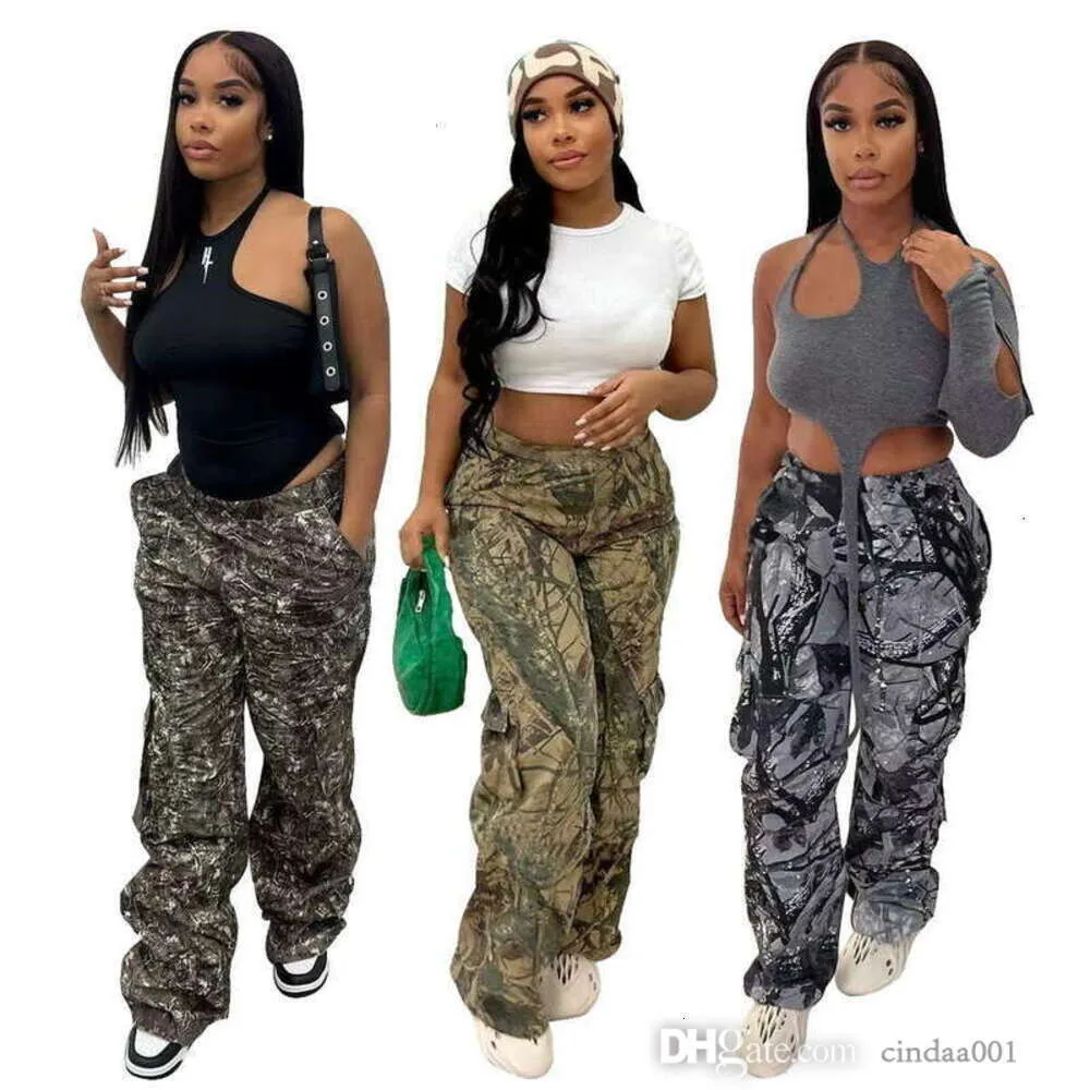 Streetwear Cargo Pants Womens Camo tryckt arbetskläder Pants Casual High midje Fashion Straight Byxor för flickor