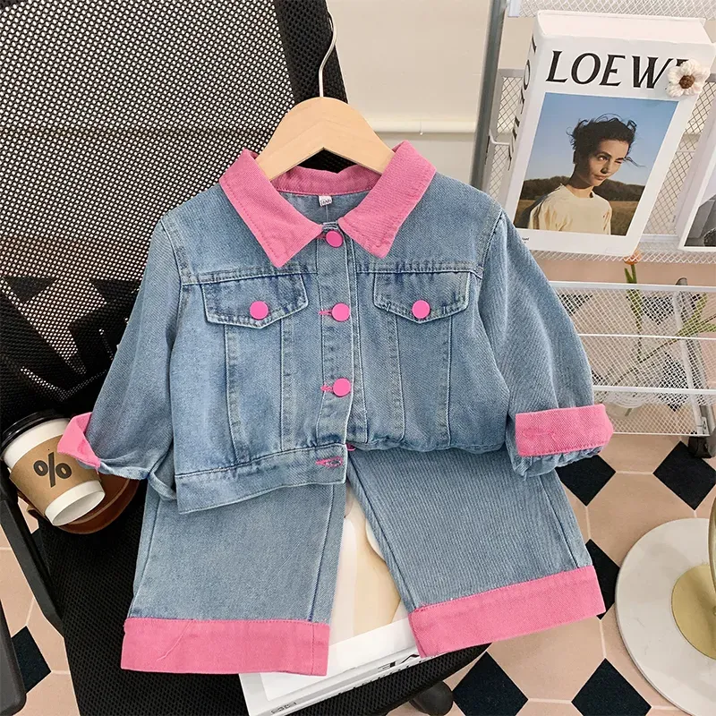 baby Clothing Sets 2pcs Girls Jean Coat Contrast Lapel Collar Long Sleeve One Breasted Denim JacketsElastic Waist Straight Jeans Kids Suits CHG2401197-12