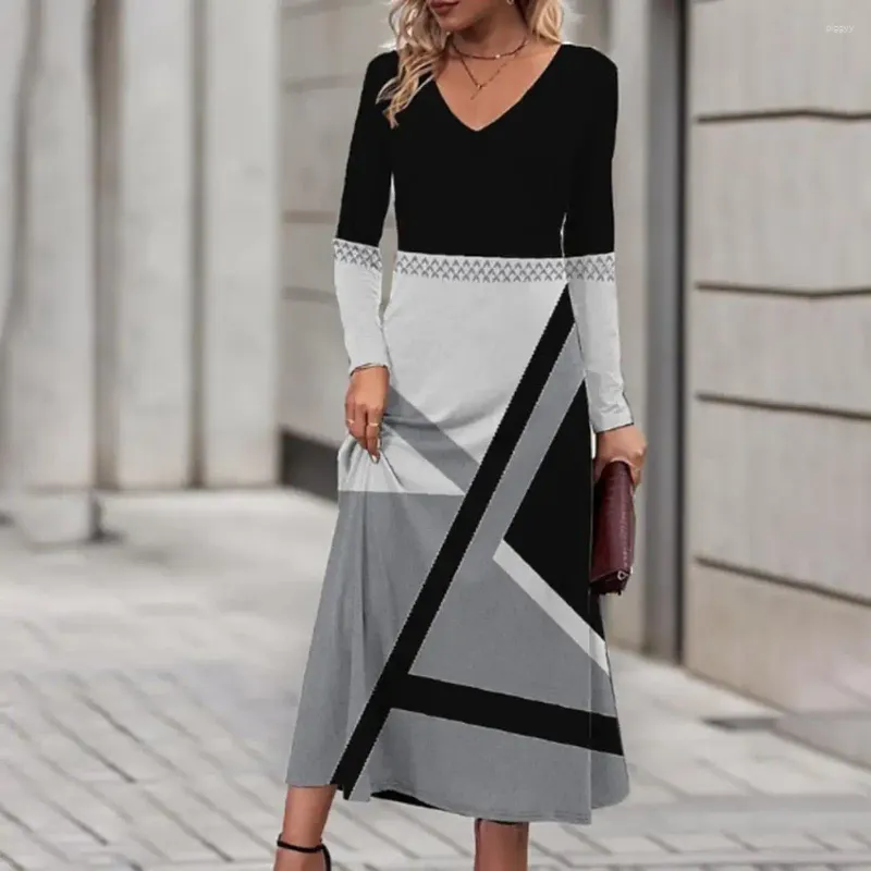 Casual Dresses Long Dress Colorblock Patchwork Sequin V Neck Midi For Women Spring Fall A-line Soft Mid-calf Length Breathable Wear Loose