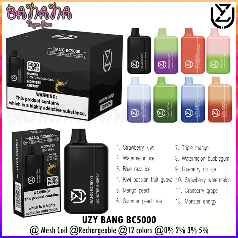 UZY Bang BC5000 Wegwerp Vape Box Kit Bladerdeeg 5000 Mesh Coil Oplaadbare E-sigaretten 0% 2% 3% 5% Vaper 12 ml Cartridges