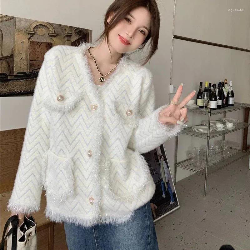 Women's Jackets Korean Fashion Mink Cashmere Jacket Women 2024 Long Sleeve V Neck Coat Woman Solid Color Button Up Chic Outwear Mujer