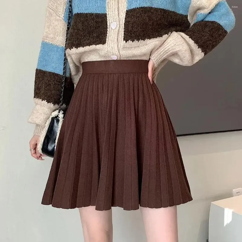 Gonne Gonna a pieghe in maglia Ashgaily Maglione a vita alta da donna Autunno inverno Solido maglia elastica a coste Mini P325