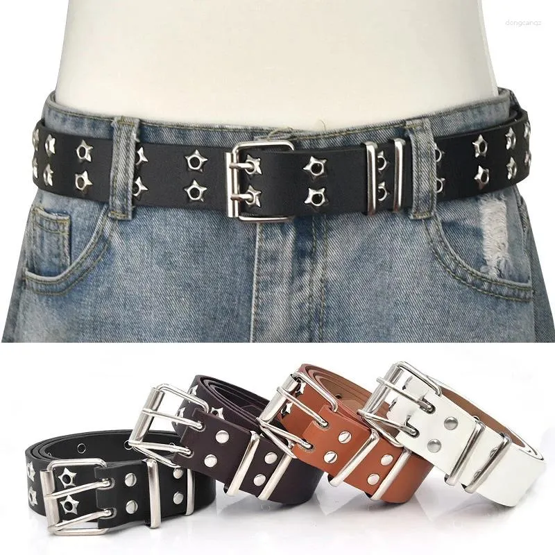 Belts Star Eye Rivet Pu Leather Belt Goth Style Double Pin Buckle Man Woman Fashion Casual Puck Waistband For Jeans Decorative