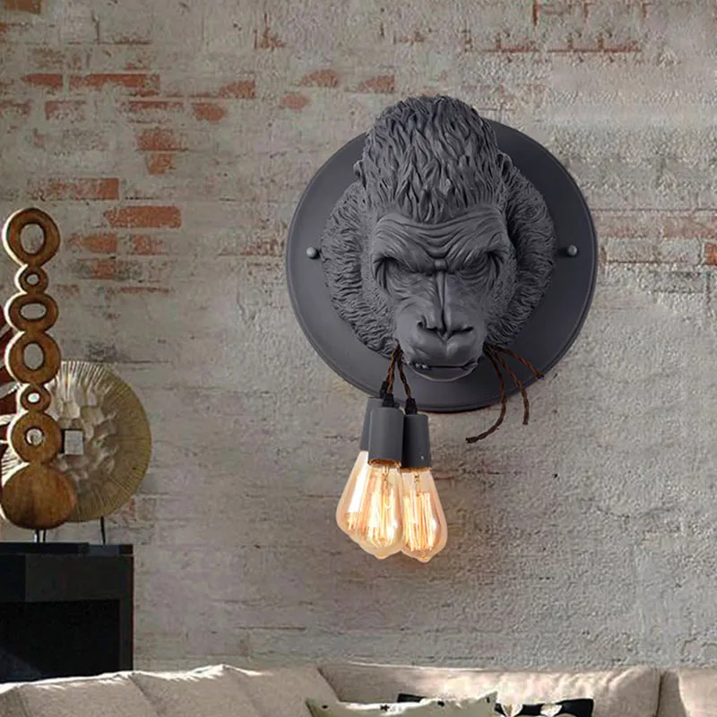 Lampade da parete moderne e creative personalizzate in resina Gorilla Lampade da parete a forma di animali retrò a LED da comodino per la camera da letto, decorazioni per la casa