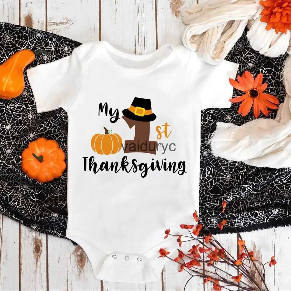 Rompers mijn eerste Thanksgiving Baby Bodysuit Holiday Party Infant Outfits Korte mouw peuter jumpsuit Boy Girl Desse pasgeboren Playsuit H240508