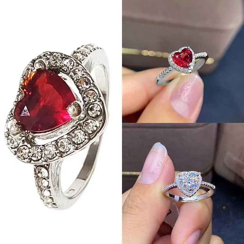 Anneaux de bande Nouveau coeur rouge anneaux pour femmes classique couleur argent SparklRings coeur conception originale Zircon anneaux Festival bijoux cadeau nouveau J240119