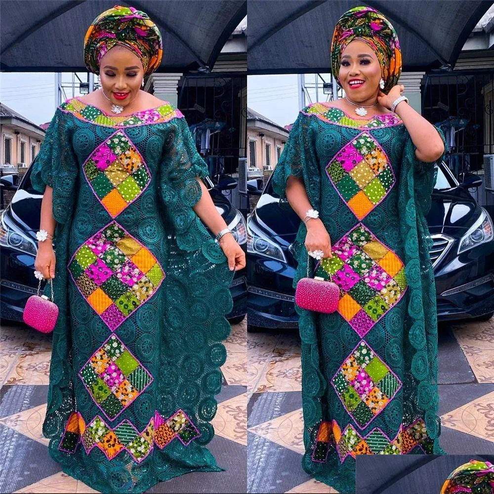 Etniska kläder MD Plus Size African Lace Dresses Elegant Women Traditionell Dashiki Boubou Wedding Party Hippie klänning Turkiet bär för DHI71