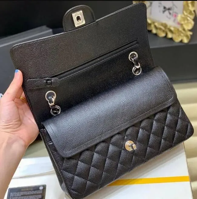 10A Borsa Jumbo a doppia patta di alta qualità di livello superiore Designer di lusso 25CM 30cm Vera pelle di caviale in pelle di agnello Borsa classica tutta nera Borsa trapuntata a spalla