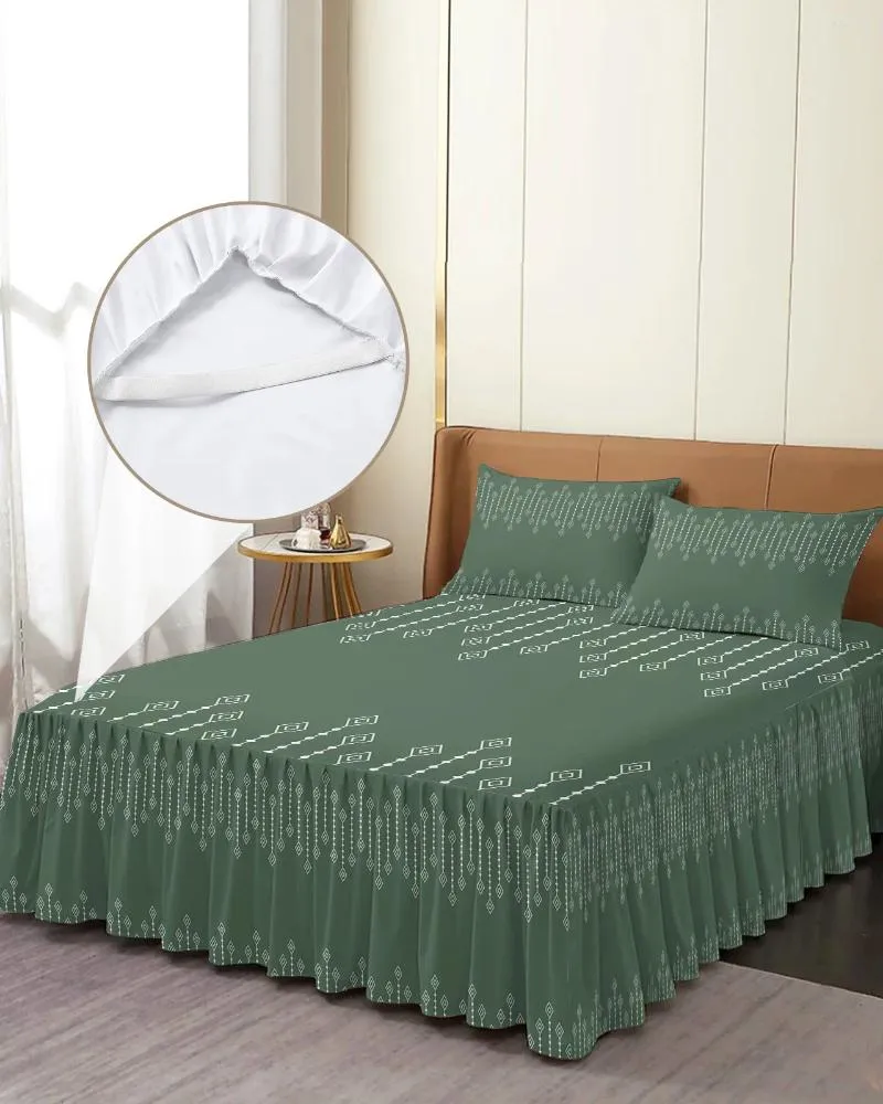 Gonna da letto Linee geometriche bohémien Copriletto elasticizzato verde con federe Coprimaterasso Set lenzuolo