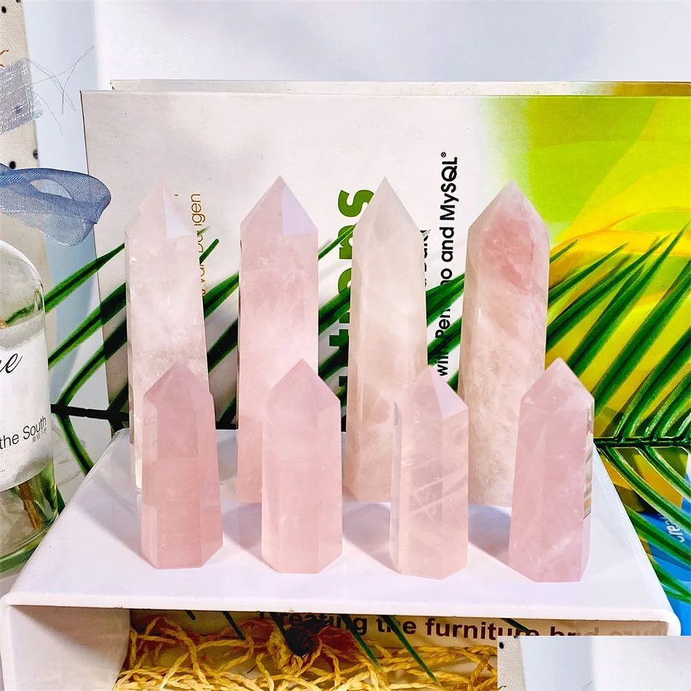 Artes e ofícios Torre de cristal rosa natural Mineral Chakra Cura Wandsreiki Energia Pedra Sixsided Quarze Point Varinha Mágica Áspera Pol Dhzwi