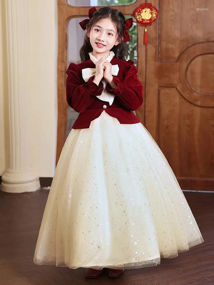 Girl Dresses YZYmanualroom Red High End Velvet Elegant First Communion Dress Concert Wedding Party Teen Junior Bridesmaid