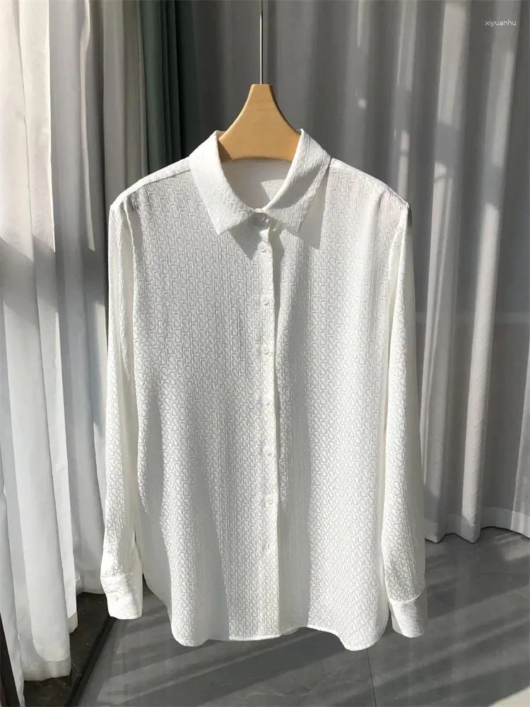 Women's Blouses Women Silk Shirt Letters Jacquard White Single Breasted Long Sleeve Top Ladies Turn-down Collar Blouse