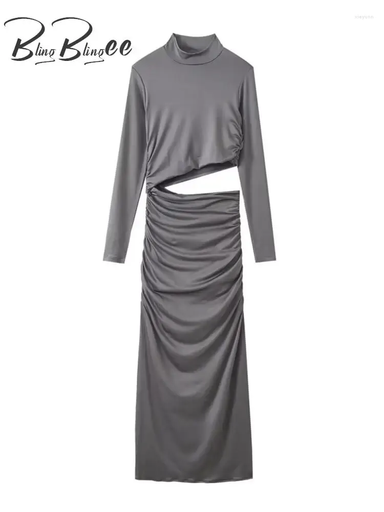 Casual klänningar blingblingee y2k ihåliga ut kvinnliga kroppskonklänningar 2024 Autumn Long Sleeve Mock Neck Ruched Split Robe Party Female Midi