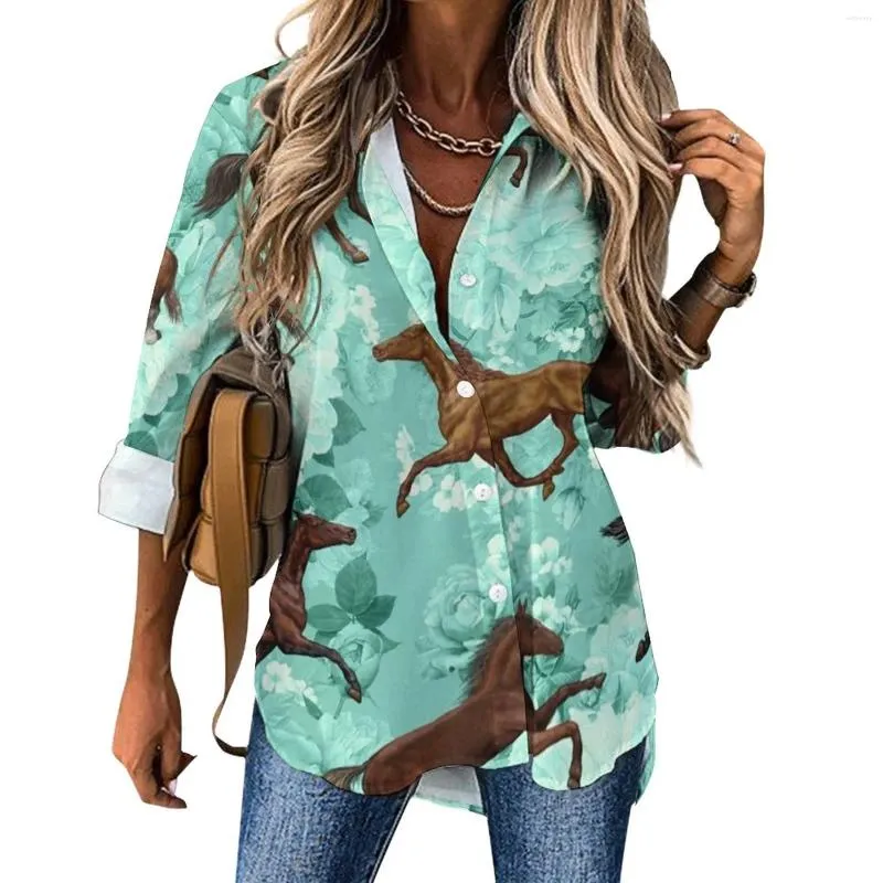 Chemisiers pour femmes Cool Running Horses Blouse décontractée Fleurs Imprimer Mignon Personnalisé Femme À Manches Longues Street Wear Chemises Automne Surdimensionné Tops