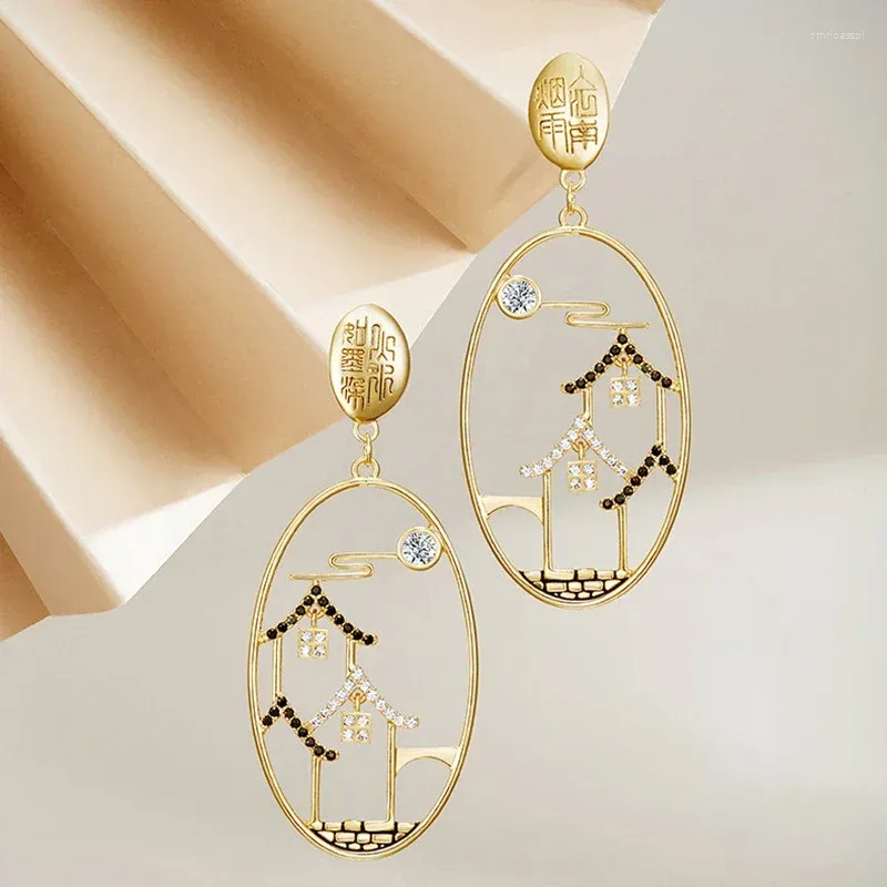 Boucles d'oreilles à clous pour femmes, asymétriques, pluie brumeuse, Jiangnan, rétro, élégant, peinture de paysage ethnique, accessoires bijoux pour femmes