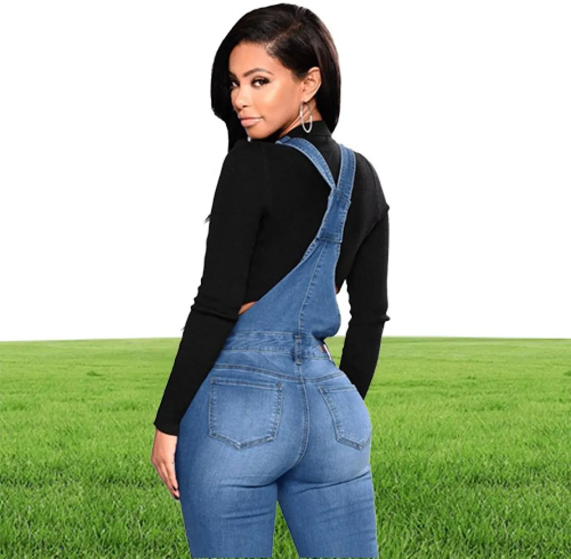 2019 nouvelles femmes Denim salopette déchiré Stretch salopette taille haute longue jean crayon pantalon barboteuses combinaison bleu jean combinaisons j15808767