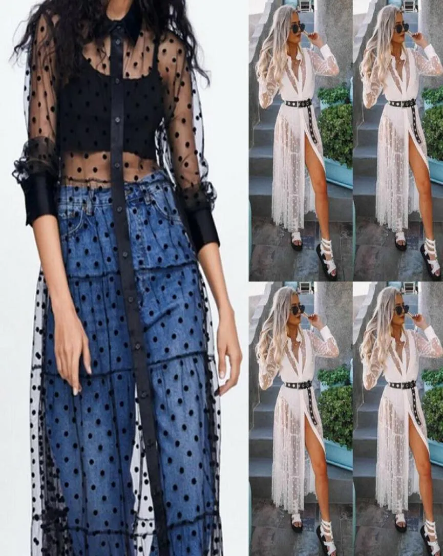 Casual Jurken Dames Mesh Sheer Transparant Polka Dot Lace Cover Up V-hals Button Down Maxi Jurk Seethrough Party Clubwear Strand7444963