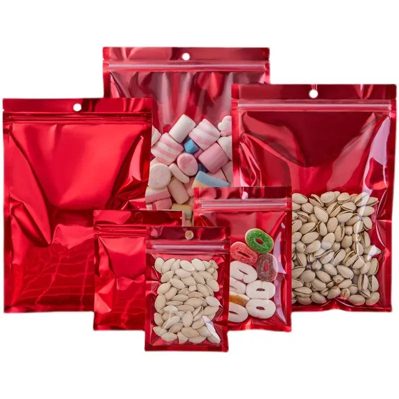 Toptan şeffaf ön kırmızı fermuarlı kilit geocery ambalaj çantaları askıda üst düz dip hediye mühür paketleme parlak çanta bj