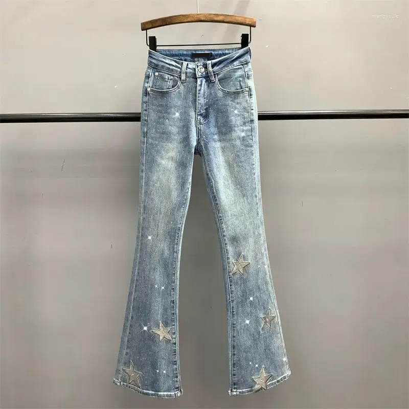 Jeans pour femmes 2024 étoile à cinq branches brodée fixe strass maigre pour femmes extensible taille haute amincissant pantalon évasé marée