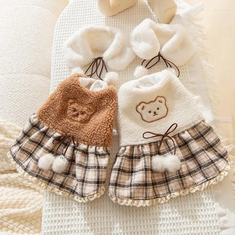 Vêtements pour chiens Robe douce avec écharpe Manteau d'hiver Chaud Doux Chiot Princesse Jupe Ours Imprimer Chat Pet Otfits Chihuahua Vêtements