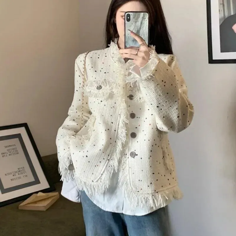 Elegante weiße Polka Dot Tweed Mantel Frauen Frühling und Herbst Lose Beiläufige Vintage Jacken Koreanischen Stil Chic Streetwear Tops 240118