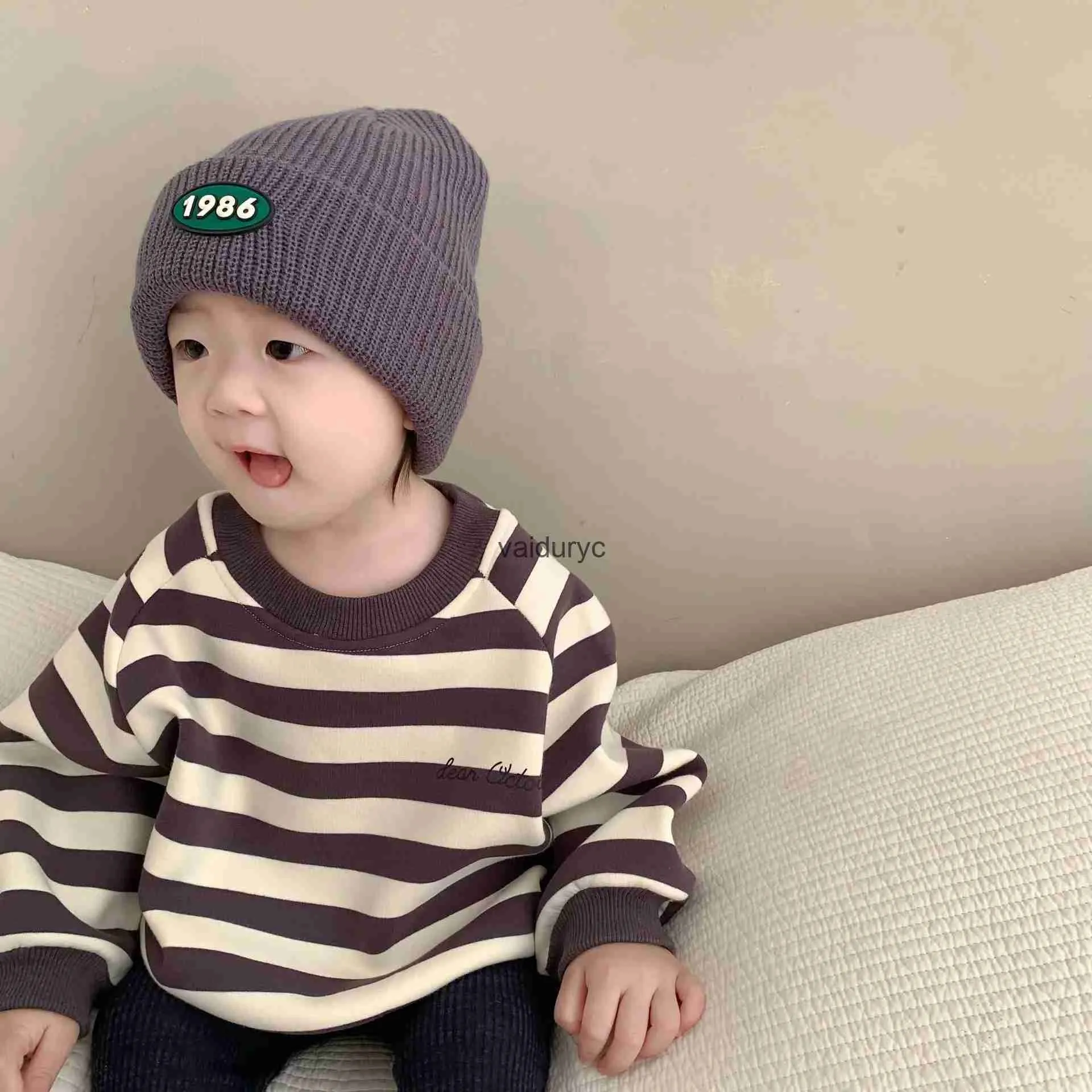 Hoodies Sweatshirts 2023 Winter New Baby Long Sleeve Casual Striped Sweatshirt Infant Girl Plus Velvet Thick Pullover Kids Boys Warm Fleece Tops H240508